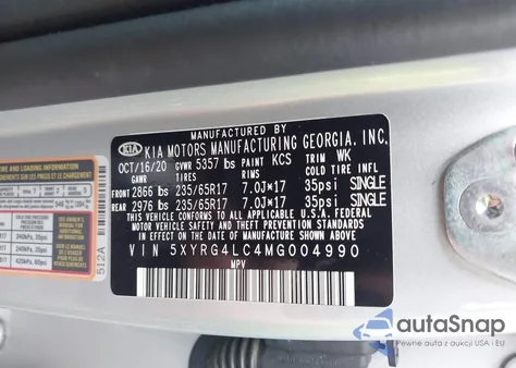 2021 Kia Sorento Lx z USA, uszkodzony, nr VIN 5XYRG4LC4MG004990